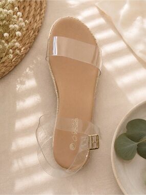 Transparent Strap Tan Slide Sandal with Gold Buckle - Women's